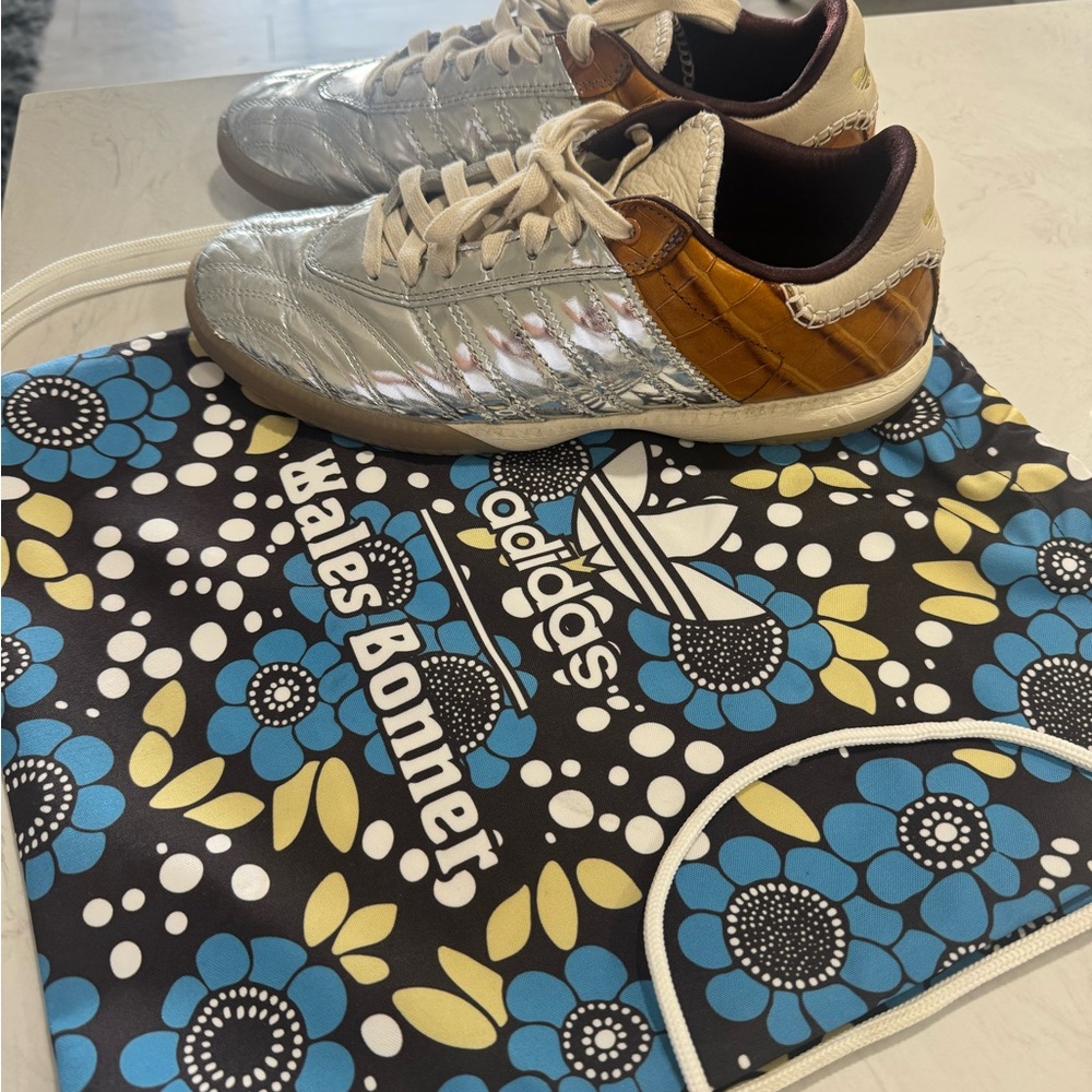 Adidas Silver and Brown Sneakers with Floral Bag